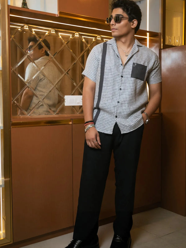 Light Grey Designer Jute Colourblock Dark Grey Detailing Linen Shirt