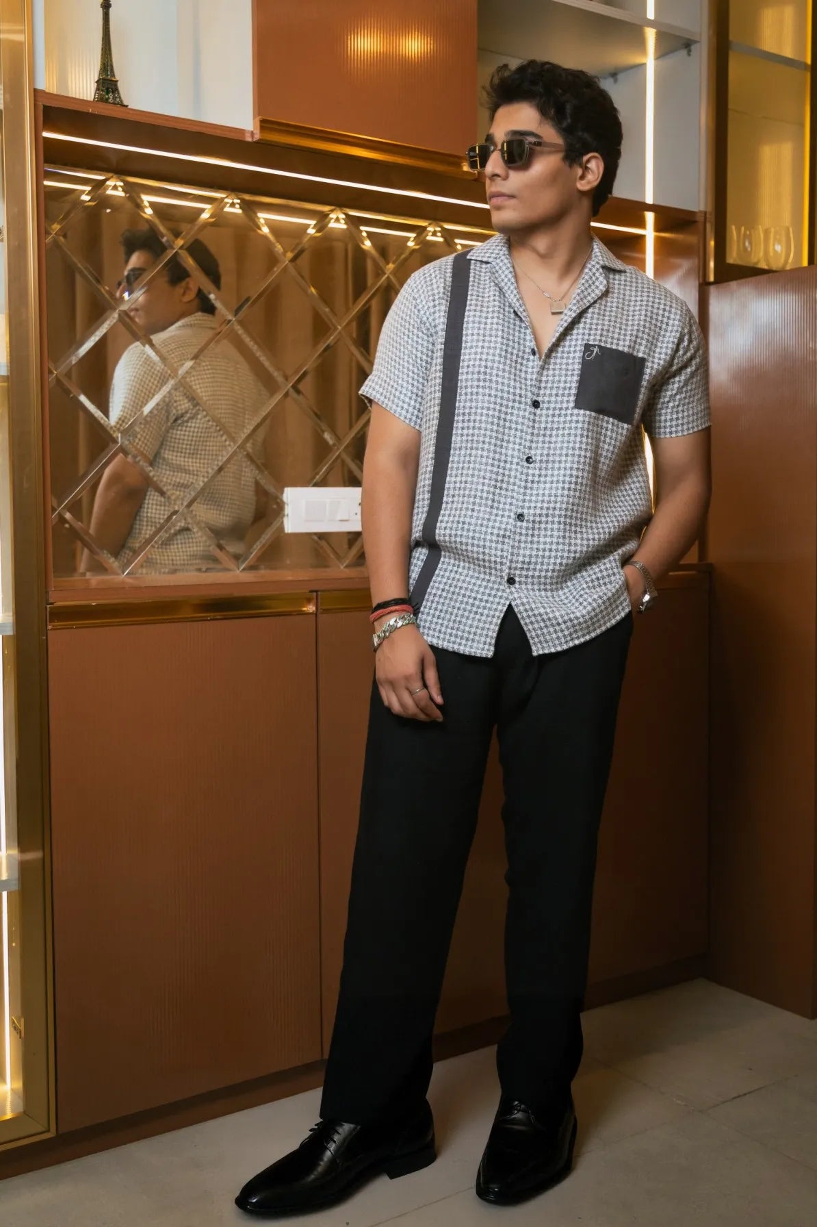 Light Grey Designer Jute Colourblock Dark Grey Detailing Linen Shirt