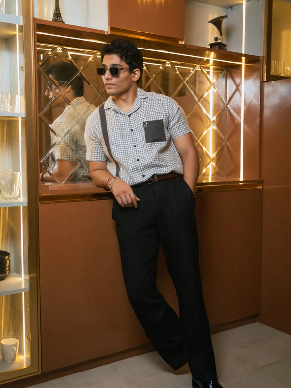 Light Grey Designer Jute Colourblock Dark Grey Detailing Linen Shirt