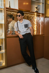 Light Grey Designer Jute Colourblock Dark Grey Detailing Linen Shirt