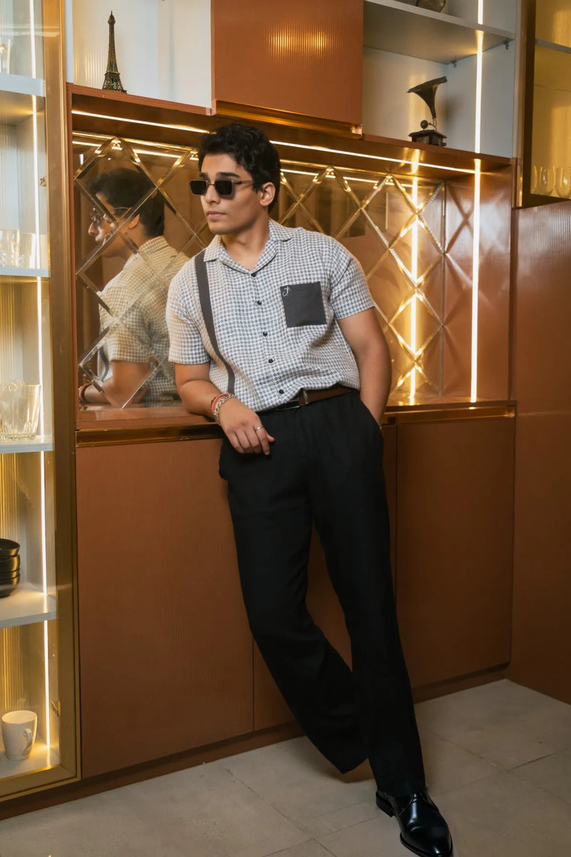 Light Grey Designer Jute Colourblock Dark Grey Detailing Linen Shirt