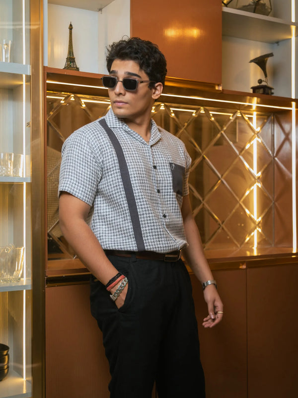 Light Grey Designer Jute Colourblock Dark Grey Detailing Linen Shirt
