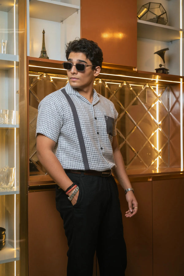 Light Grey Designer Jute Colourblock Dark Grey Detailing Linen Shirt