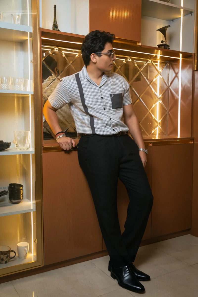 Light Grey Designer Jute Colourblock Dark Grey Detailing Linen Shirt