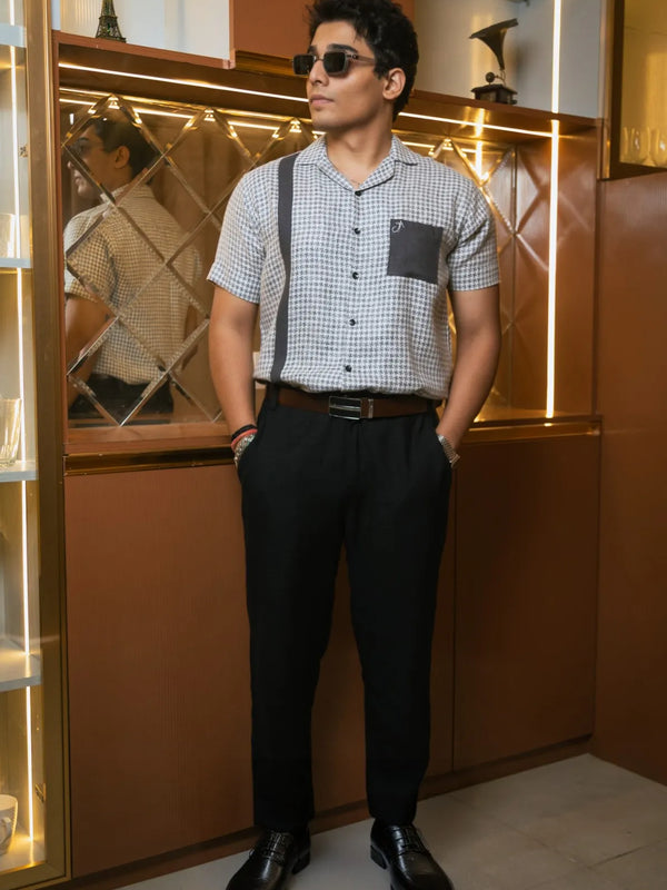Light Grey Designer Jute Colourblock Dark Grey Detailing Linen Shirt