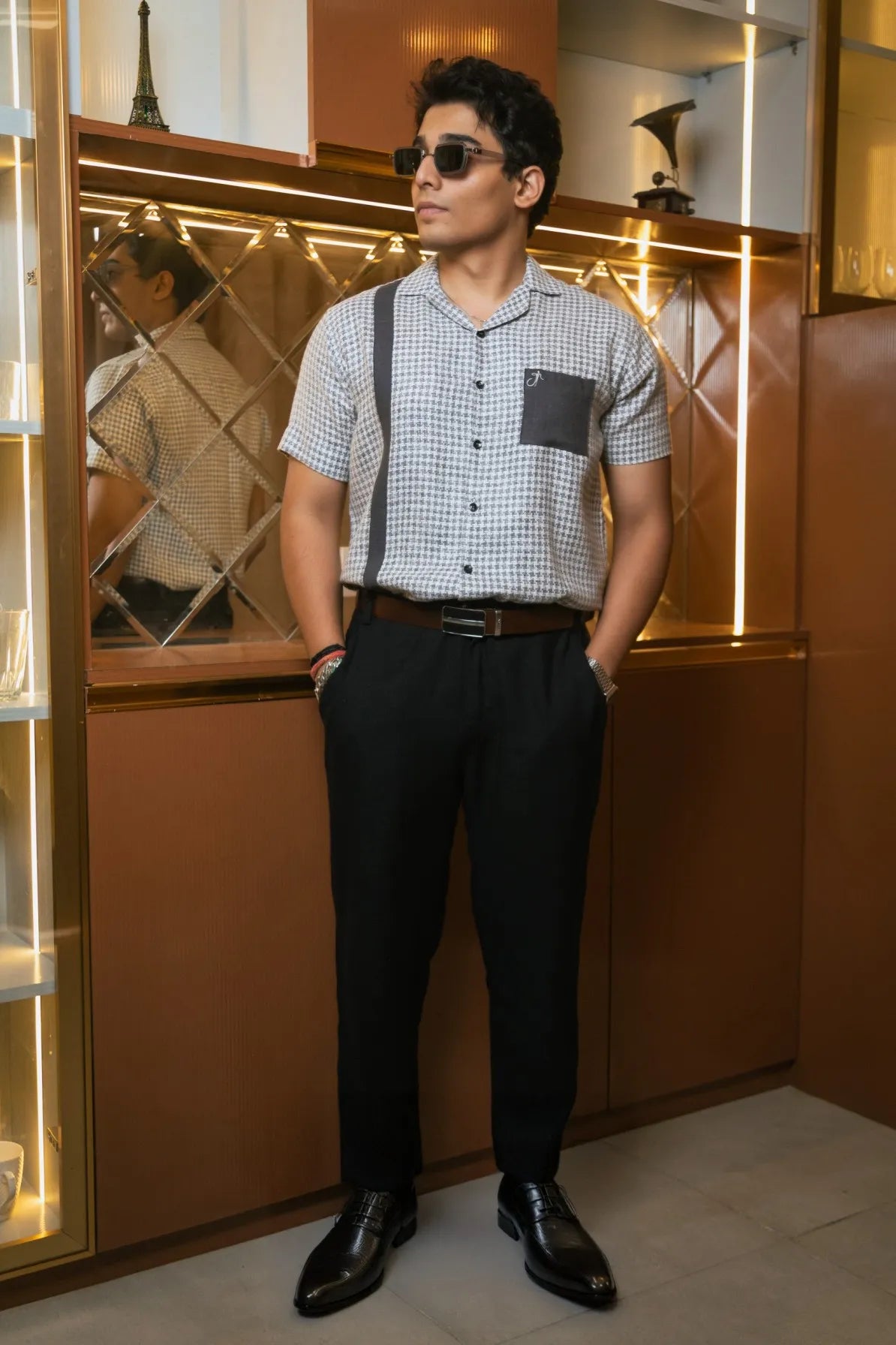 Light Grey Designer Jute Colourblock Dark Grey Detailing Linen Shirt