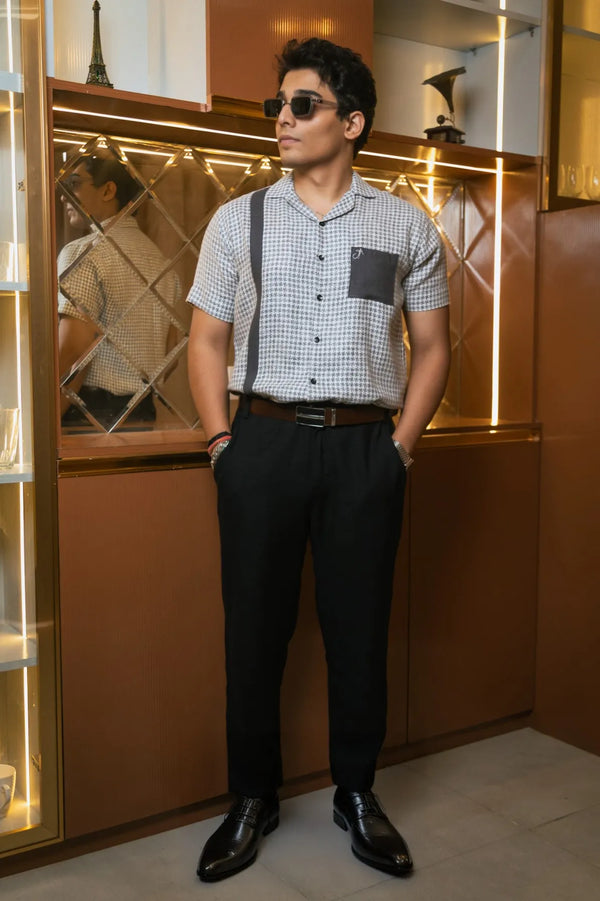 Light Grey Designer Jute Colourblock Dark Grey Detailing Linen Shirt