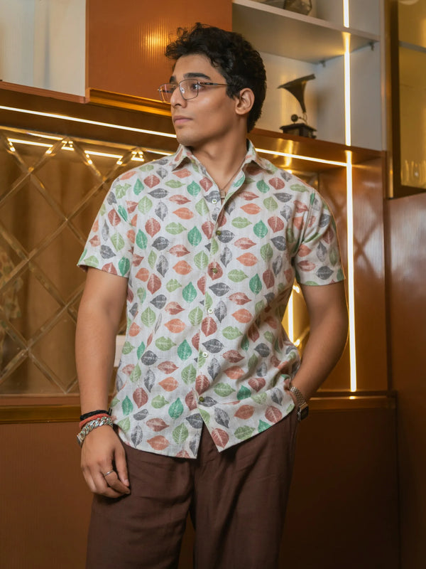 Tropical Leaf Printed Linen Blend Shirt