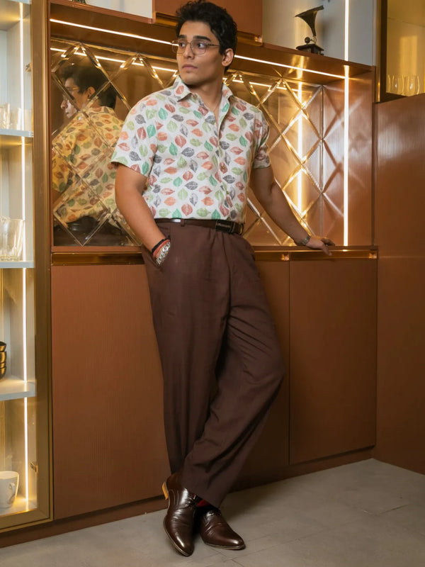 Tropical Leaf Printed Linen Blend Shirt
