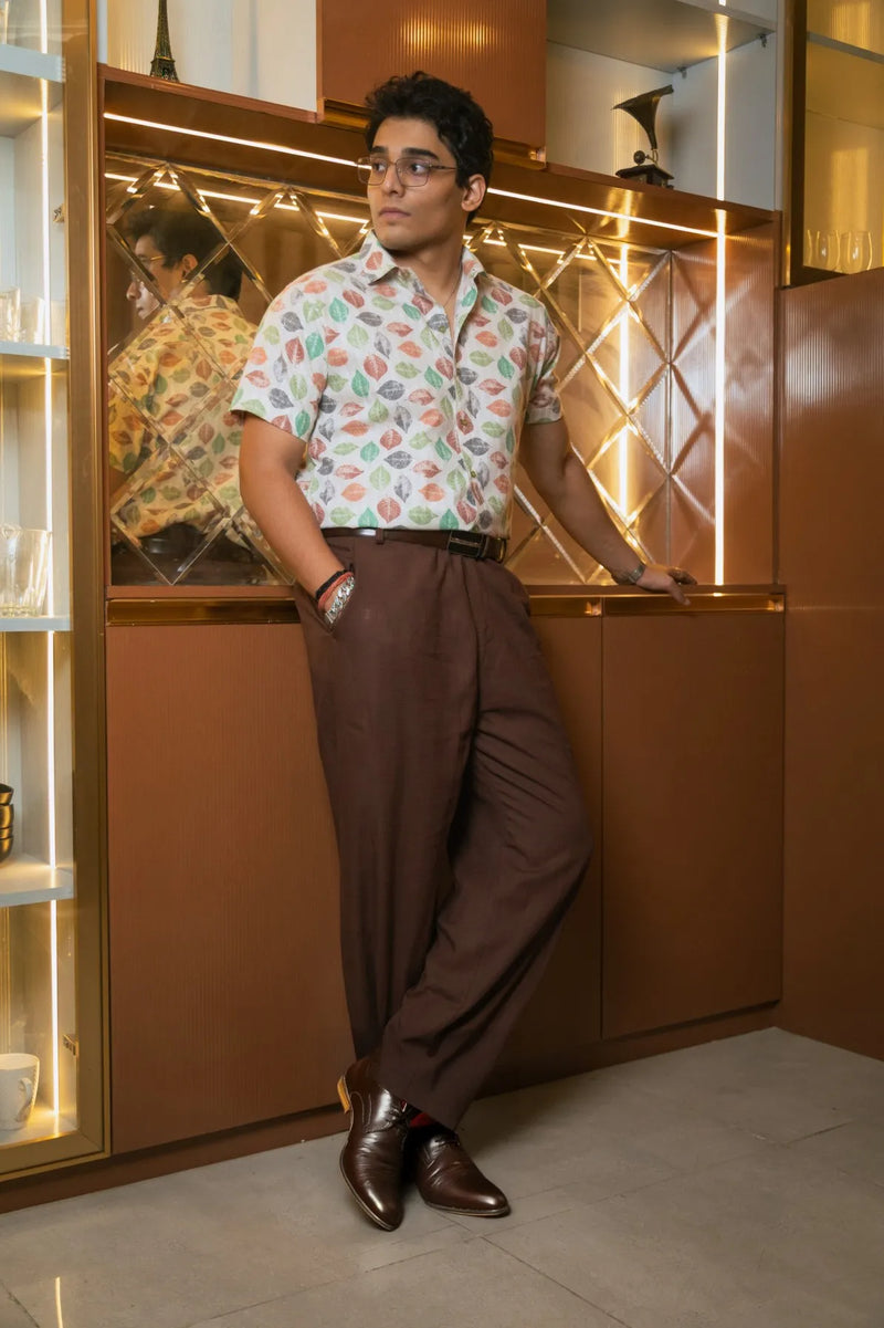Tropical Leaf Printed Linen Blend Shirt