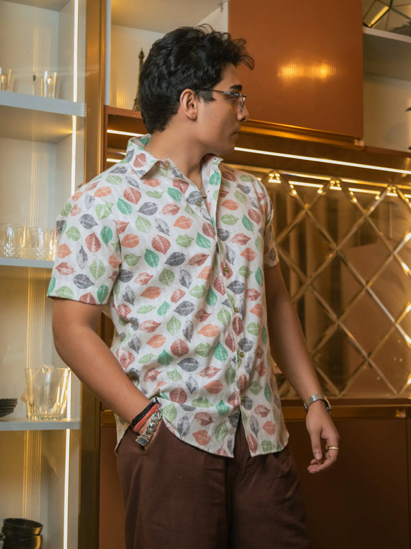 Tropical Leaf Printed Linen Blend Shirt