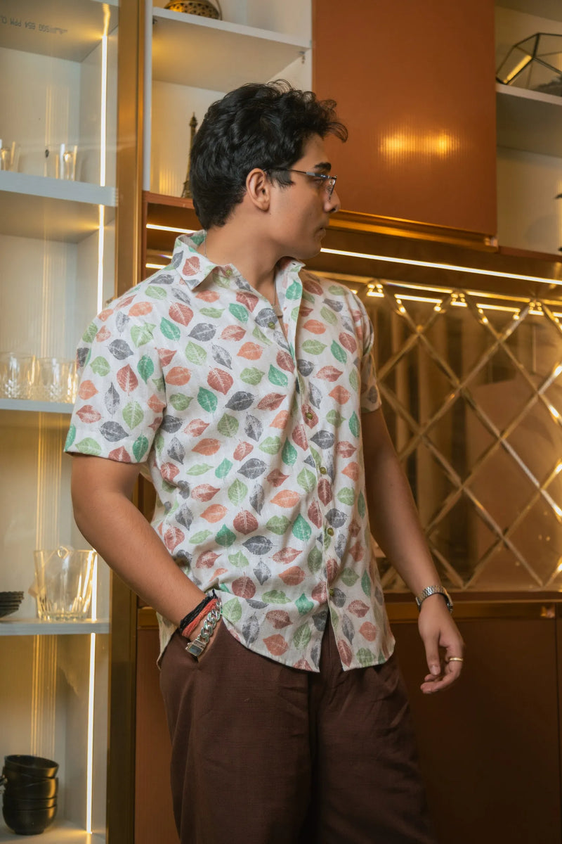 Tropical Leaf Printed Linen Blend Shirt