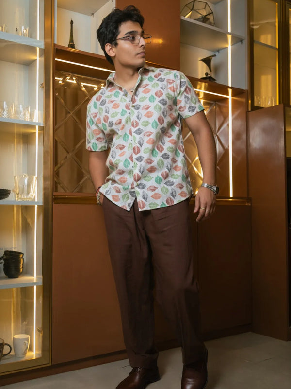Tropical Leaf Printed Linen Blend Shirt