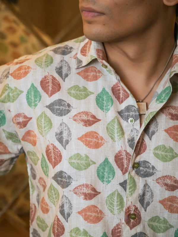 Tropical Leaf Printed Linen Blend Shirt