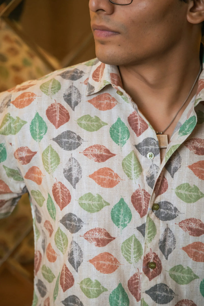 Tropical Leaf Printed Linen Blend Shirt