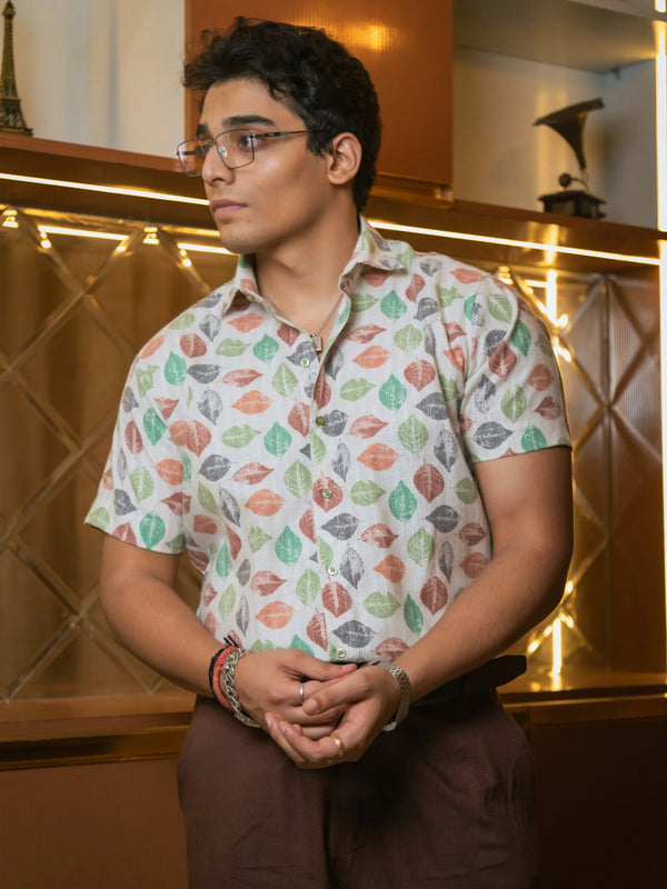 Tropical Leaf Printed Linen Blend Shirt