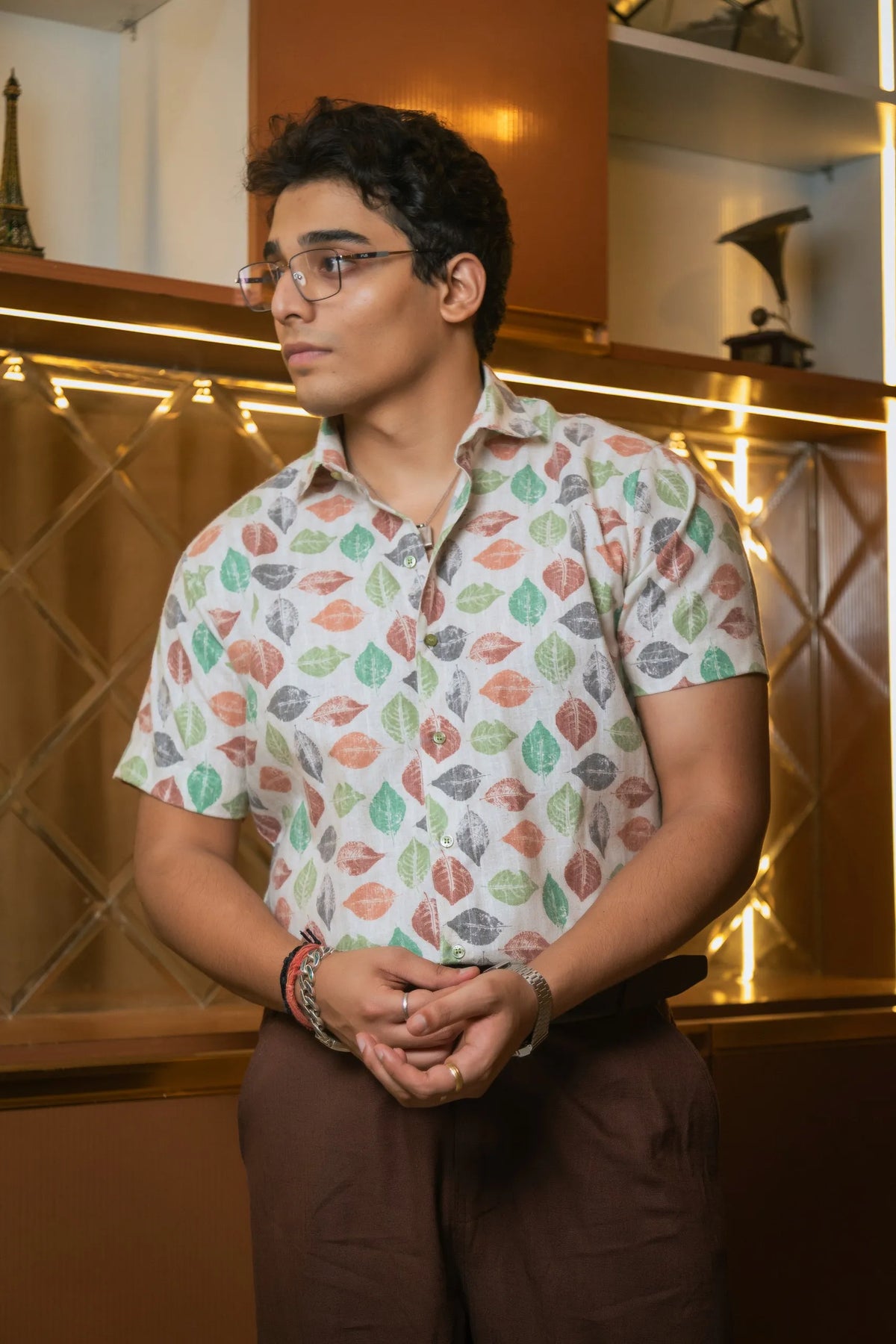 Tropical Leaf Printed Linen Blend Shirt