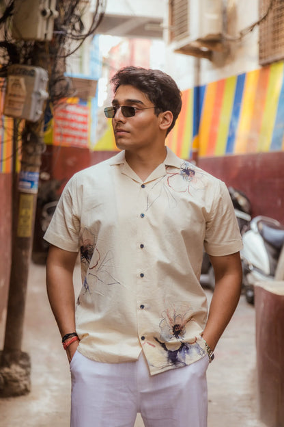 Petal Bloom - Placement Printed Linen Designer Shirt