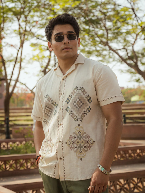 Threads of Time - Placement Printed Linen Designer Shirt