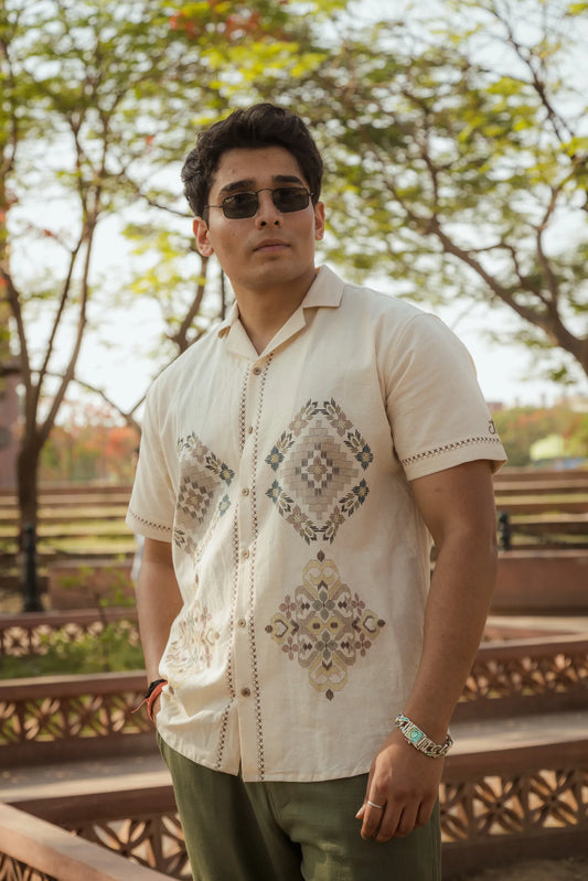 Threads of Time - Placement Printed Linen Designer Shirt