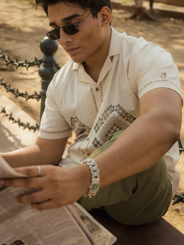 Threads of Time - Placement Printed Linen Designer Shirt