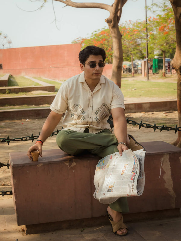 Threads of Time - Placement Printed Linen Designer Shirt