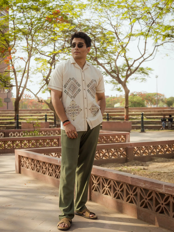 Threads of Time - Placement Printed Linen Designer Shirt