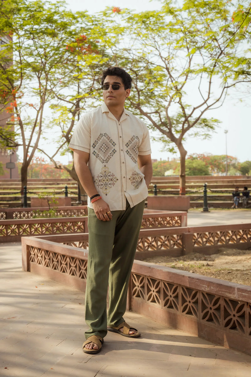 Threads of Time - Placement Printed Linen Designer Shirt