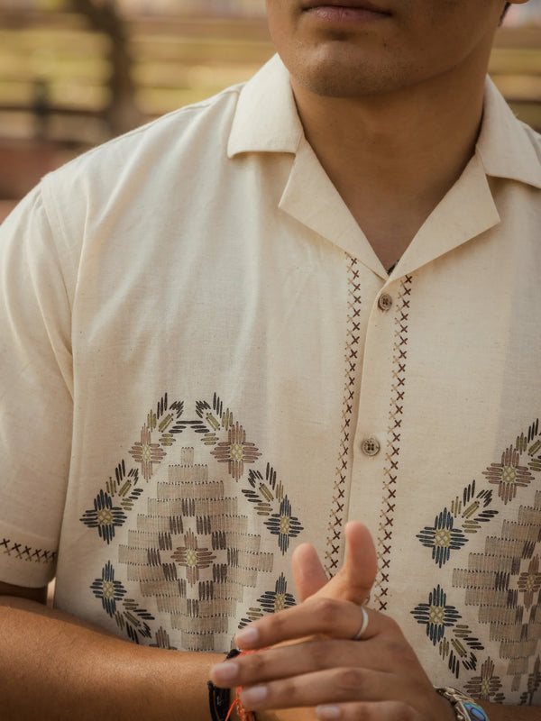 Threads of Time - Placement Printed Linen Designer Shirt