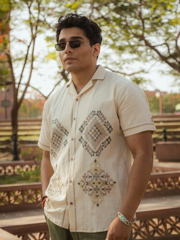 Threads of Time - Placement Printed Linen Designer Shirt