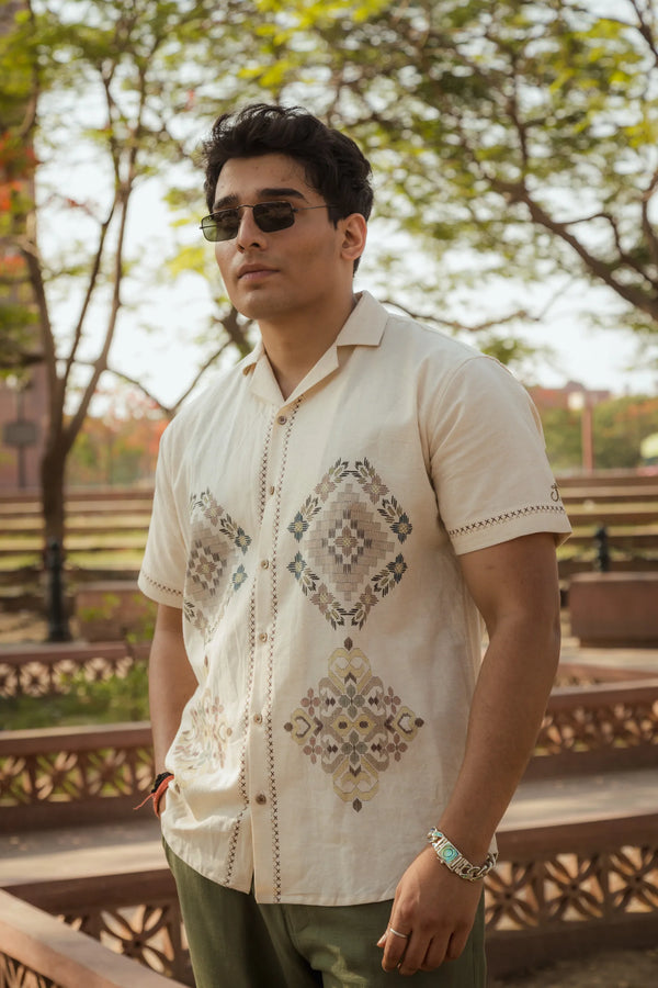 Threads of Time - Placement Printed Linen Designer Shirt