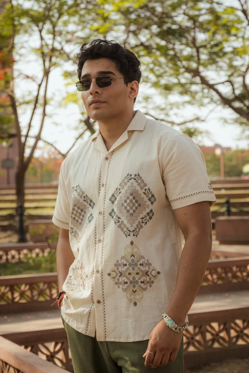 Threads of Time - Placement Printed Linen Designer Shirt