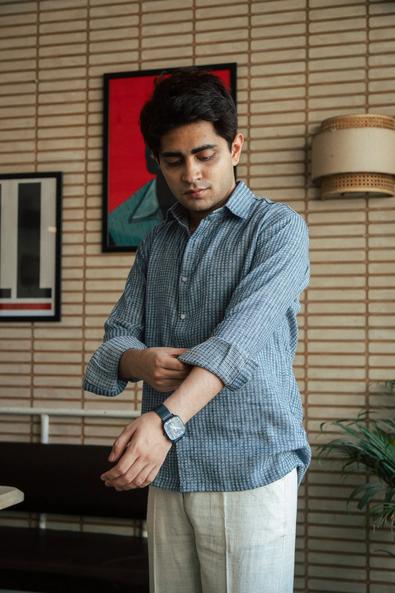 Men’s Blue Self Design Shirt