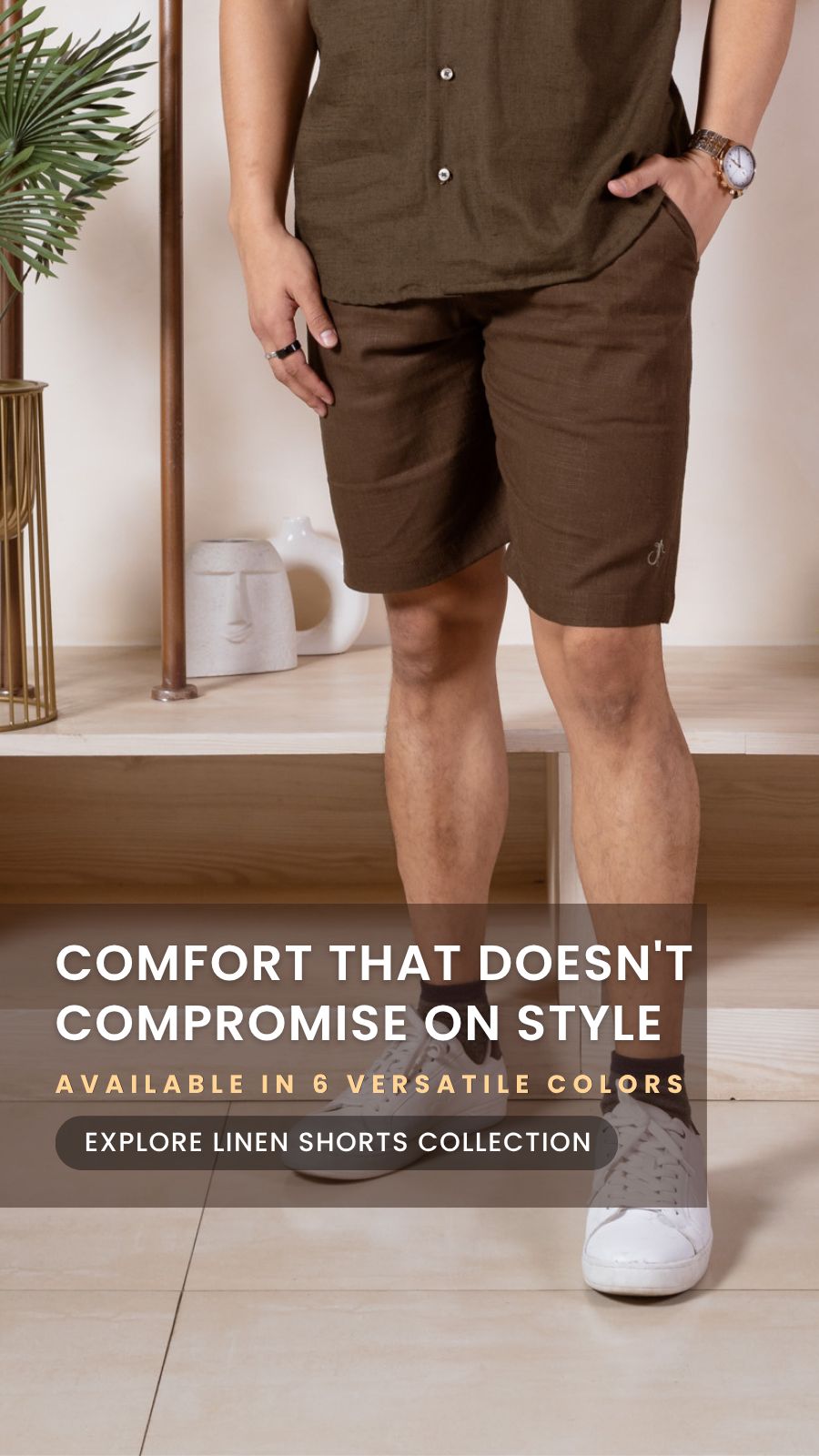 men wearing brown linen shorts with white shoes