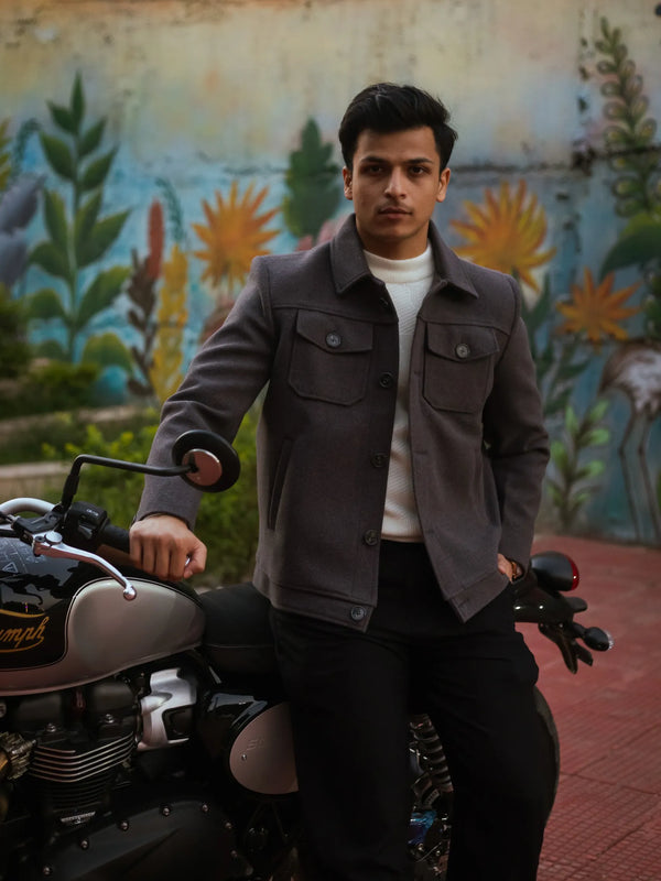 Men Trucker Jacket with Slant Kangaroo Pockets