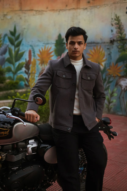 Men Trucker Jacket with Slant Kangaroo Pockets