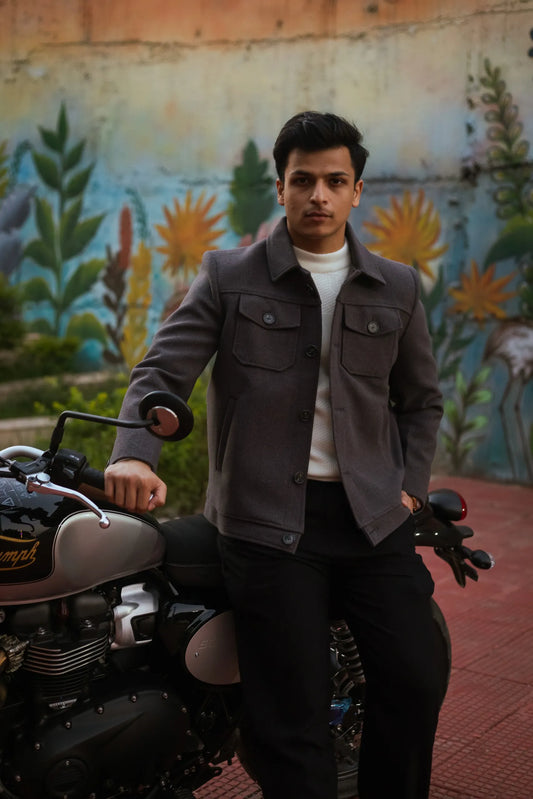 Men Trucker Jacket with Slant Kangaroo Pockets