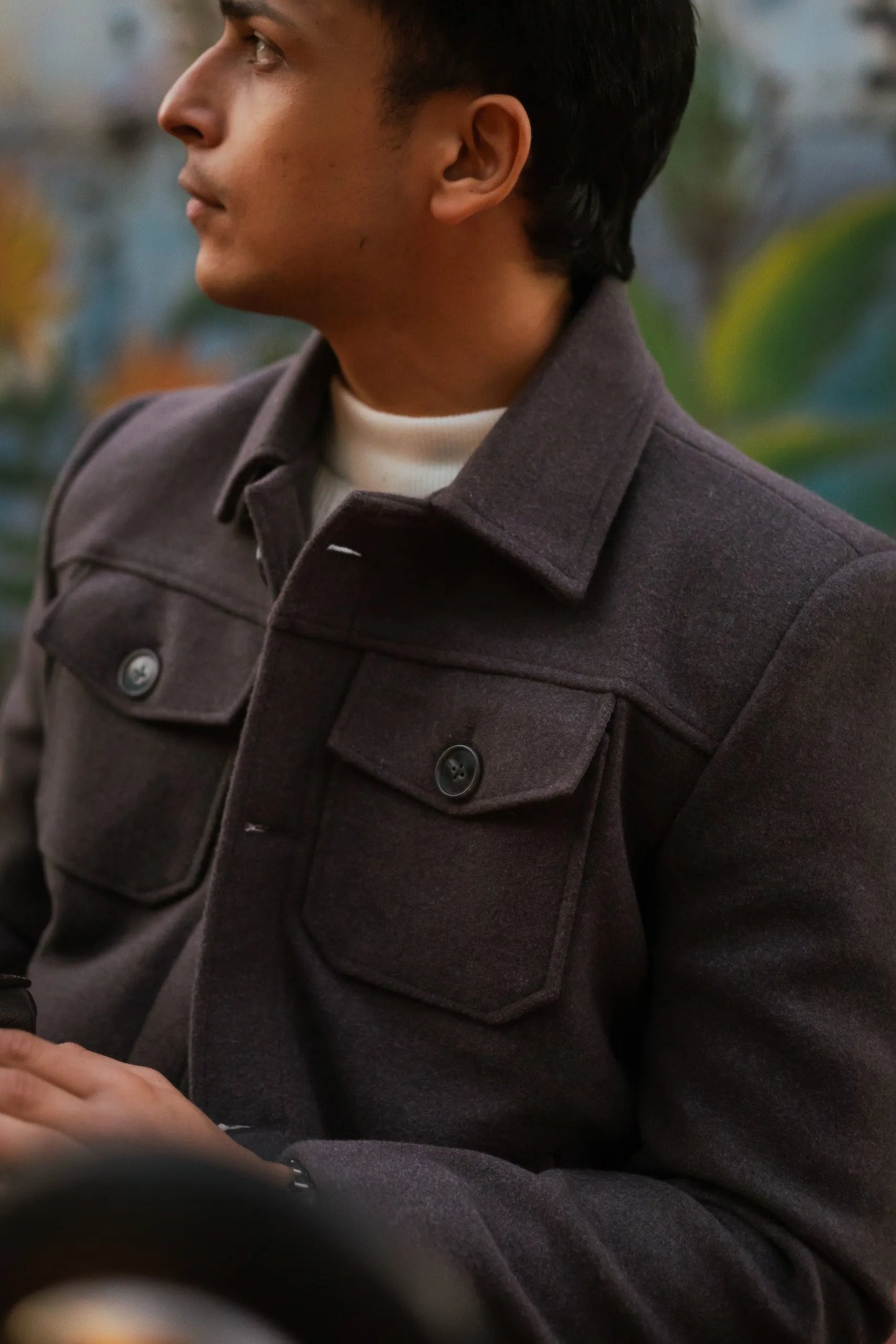 Men Trucker Jacket with Slant Kangaroo Pockets