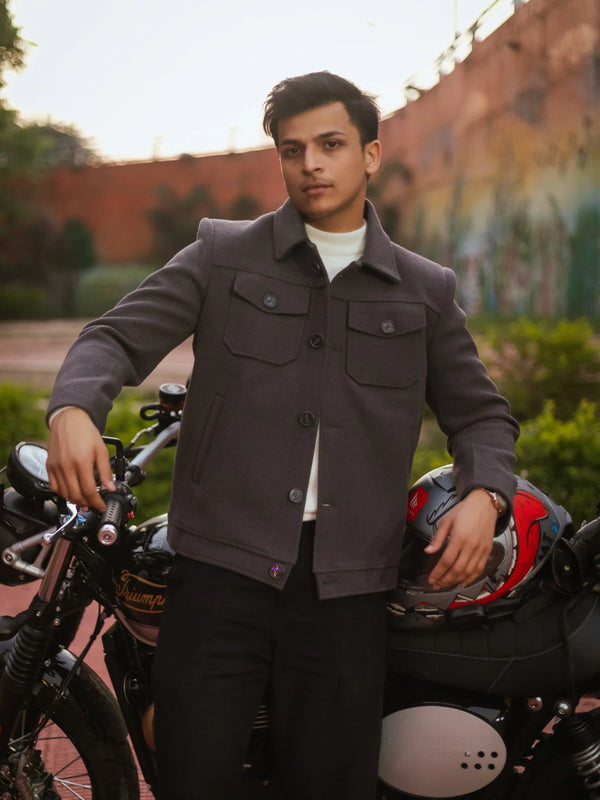 Men Trucker Jacket with Slant Kangaroo Pockets