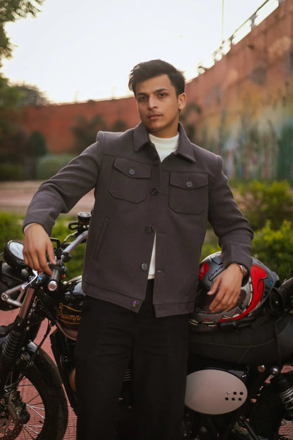 Men Trucker Jacket with Slant Kangaroo Pockets