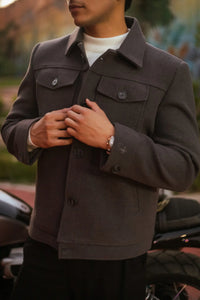 Men Trucker Jacket with Slant Kangaroo Pockets