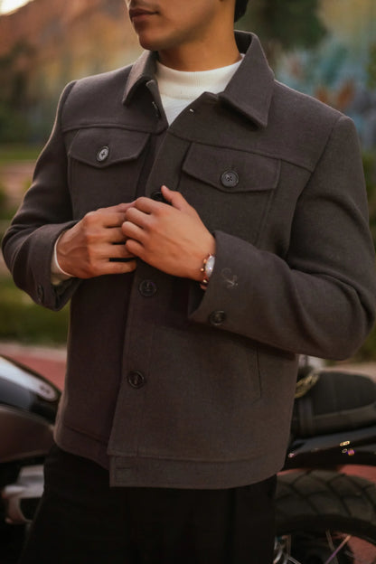 Men Trucker Jacket with Slant Kangaroo Pockets