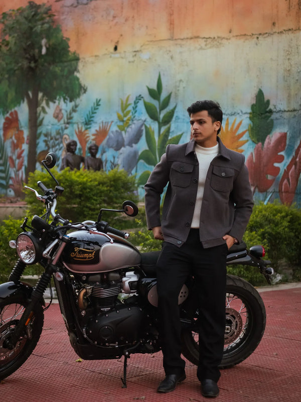 Men Trucker Jacket with Slant Kangaroo Pockets
