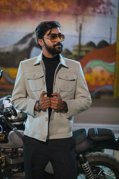 Men Trucker Jacket with Slant Kangaroo Pockets