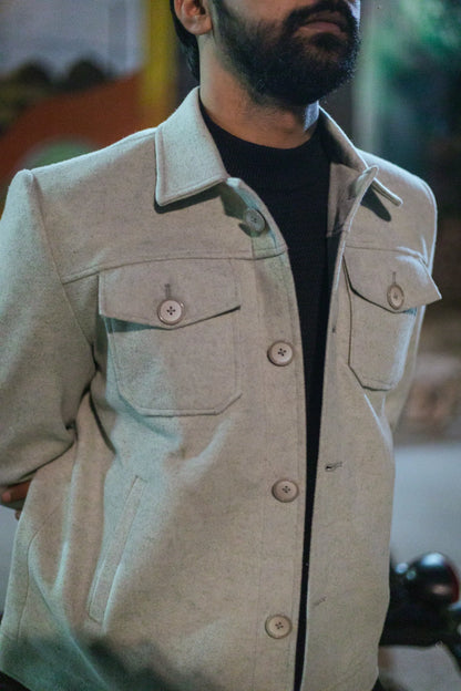 Men Trucker Jacket with Slant Kangaroo Pockets