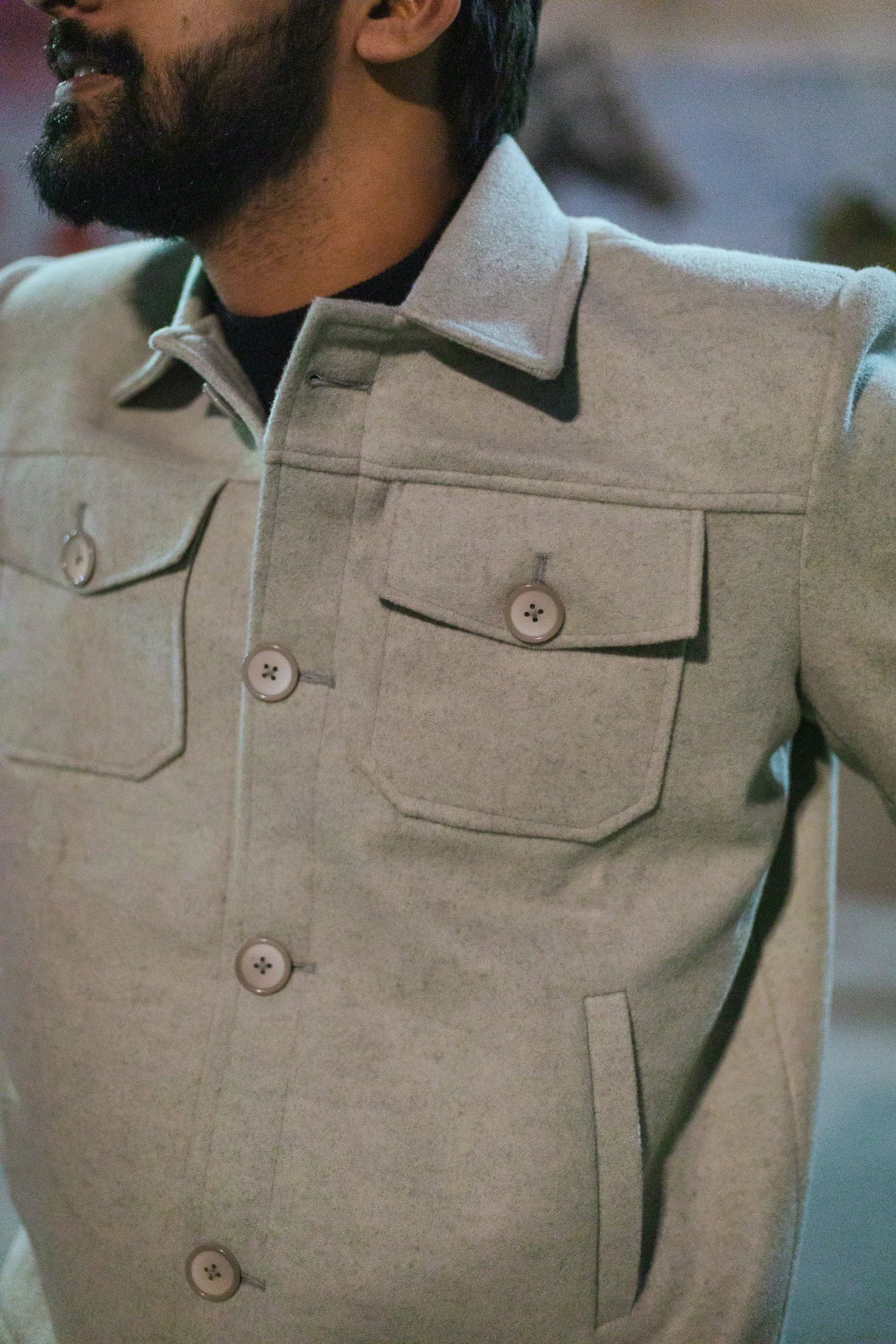 Men Trucker Jacket with Slant Kangaroo Pockets