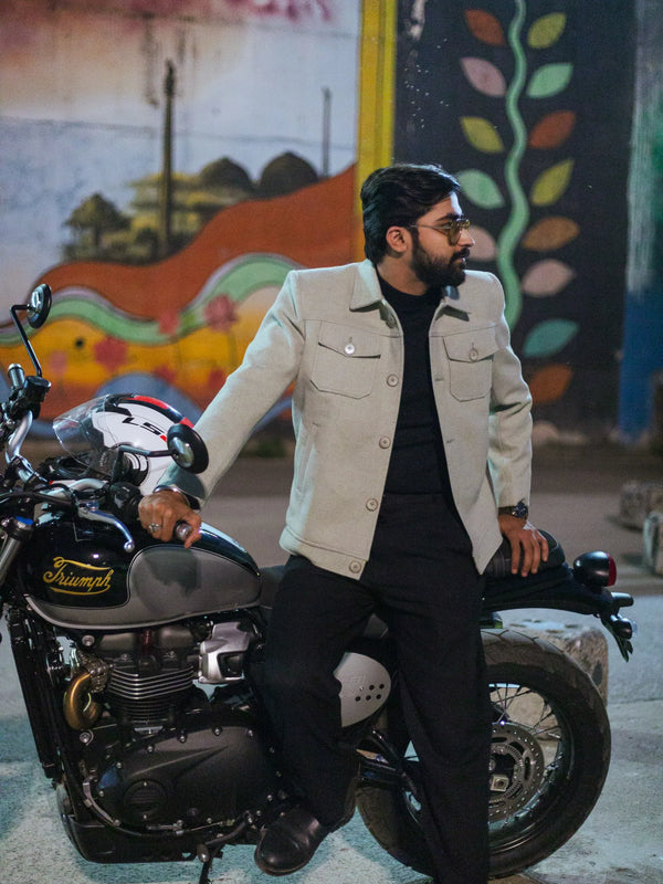 Men Trucker Jacket with Slant Kangaroo Pockets