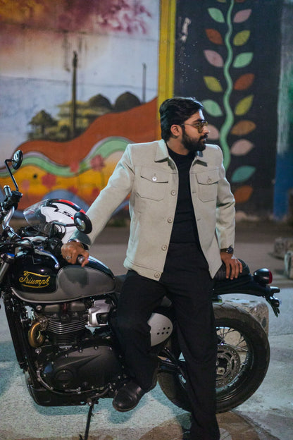 Men Trucker Jacket with Slant Kangaroo Pockets