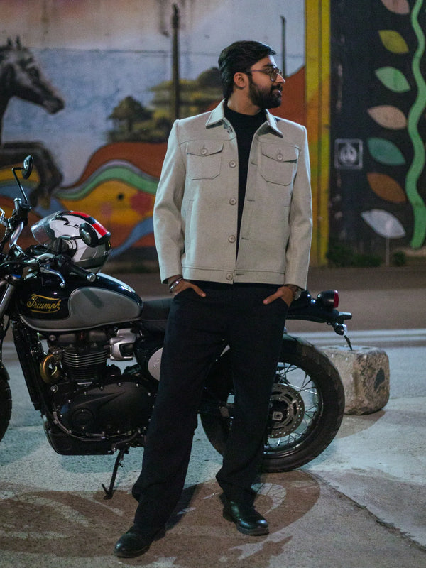 Men Trucker Jacket with Slant Kangaroo Pockets