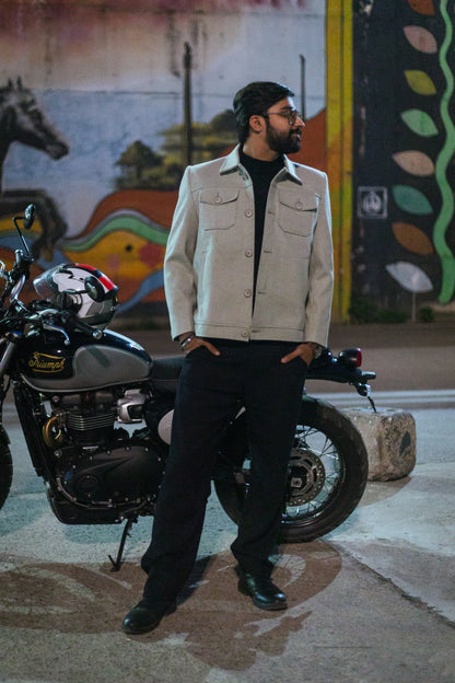Men Trucker Jacket with Slant Kangaroo Pockets